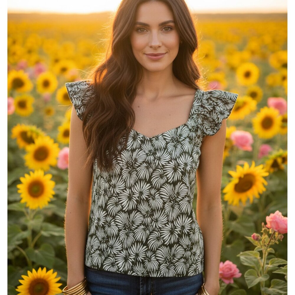 NEW Loft L Green Leaf Ruffle V Neck Knit Tank Top Cottage Forest Earthy Boho
